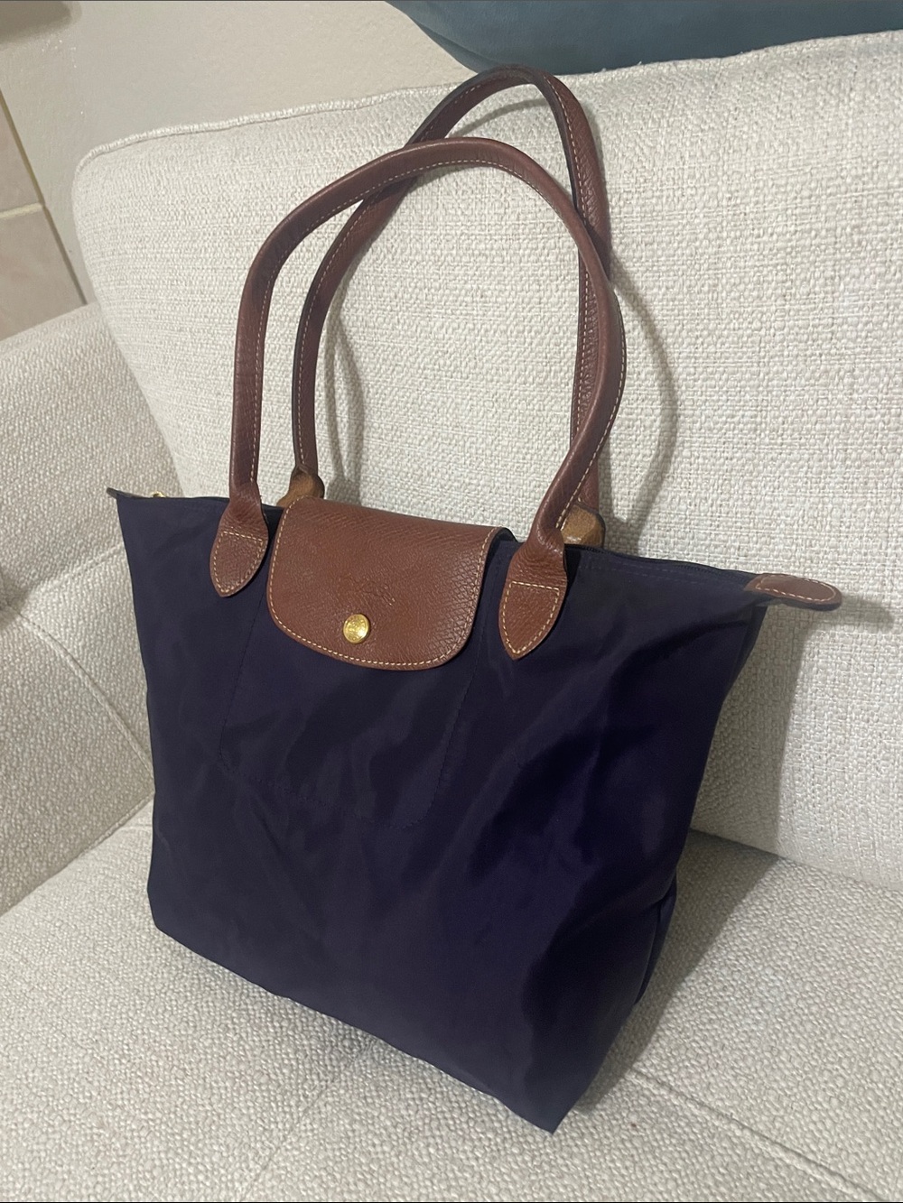 Longchamp Navy Tote with Brown Leather Trim